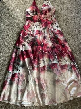 David's Bridal Pink and Cream Floral V-Neck Maxi Dress